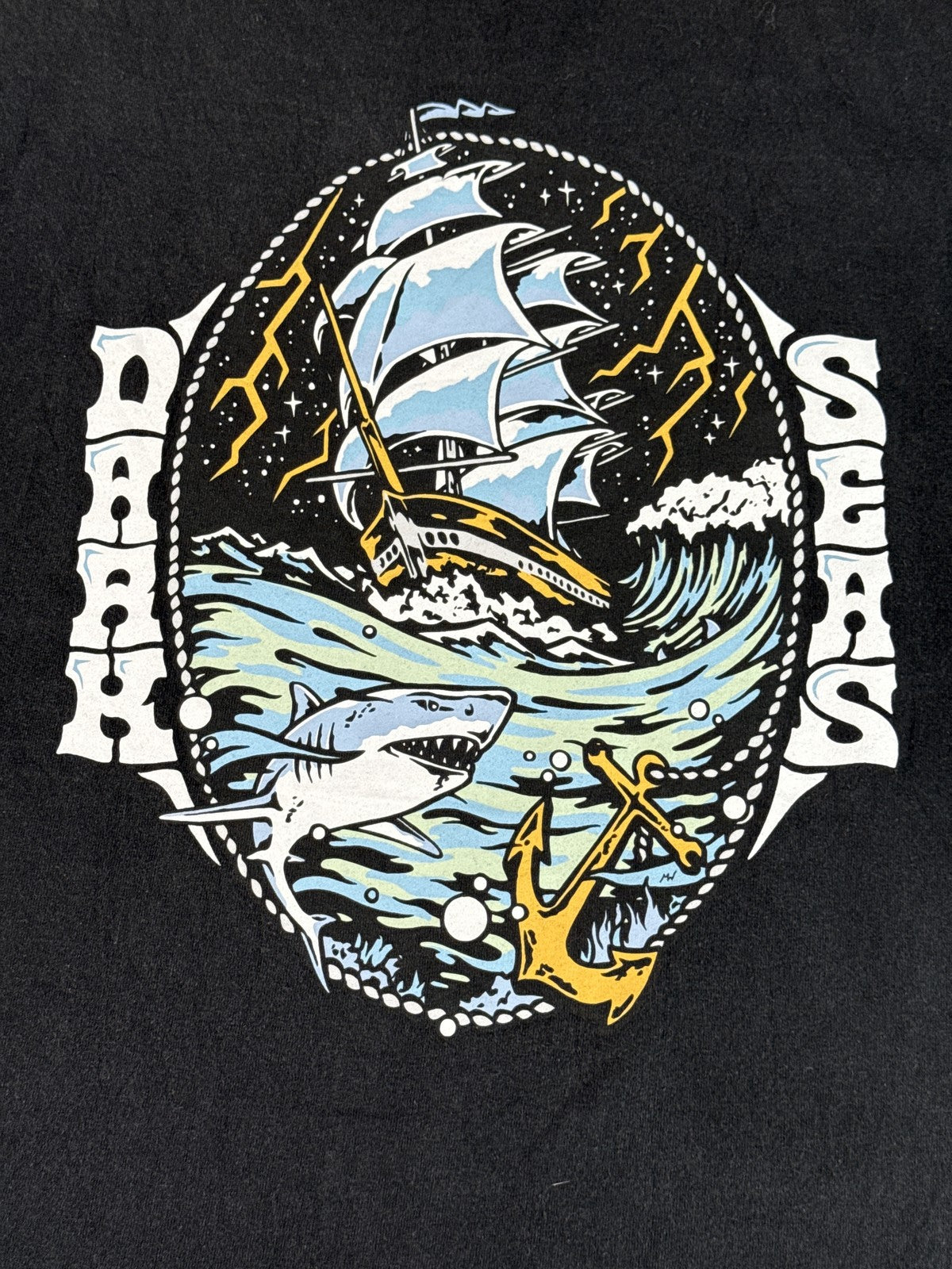 Dark Seas Shark Graphic Tee medium Black Unisex Cotton Short Sleeve Crewneck