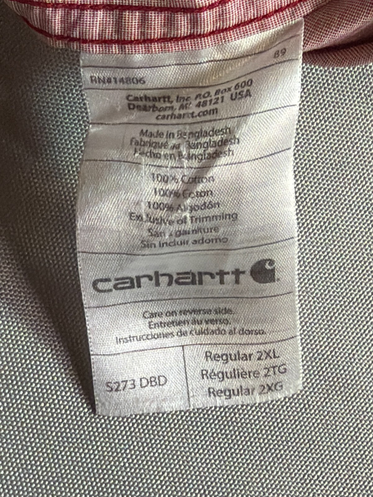 Carhartt Mens 2XL Pink Burgundy Chambray Short Sleeve