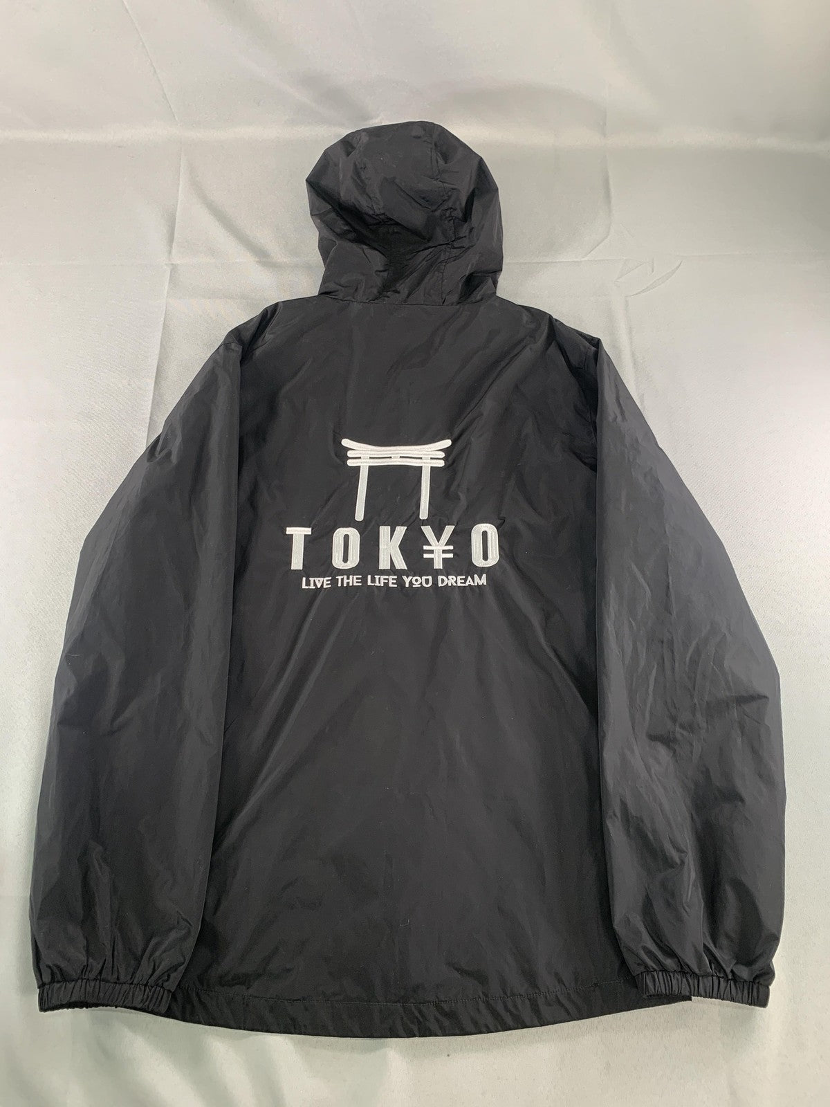 Global Jacket Mens Medium Black Tokyo Hooded Anorak Nylon Zip Pockets Graphic