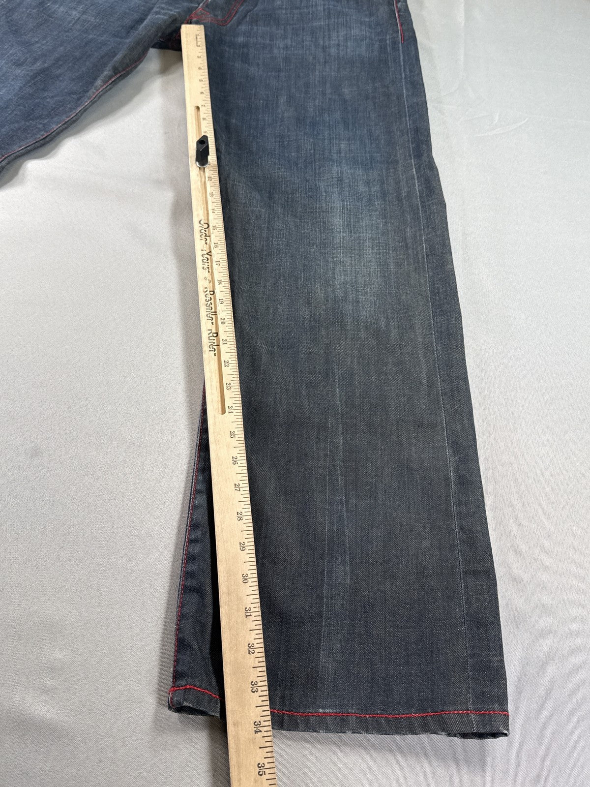 EVISU Classic Straight Leg Jeans 36 Blue 100% Cotton Faded Look Red Denim