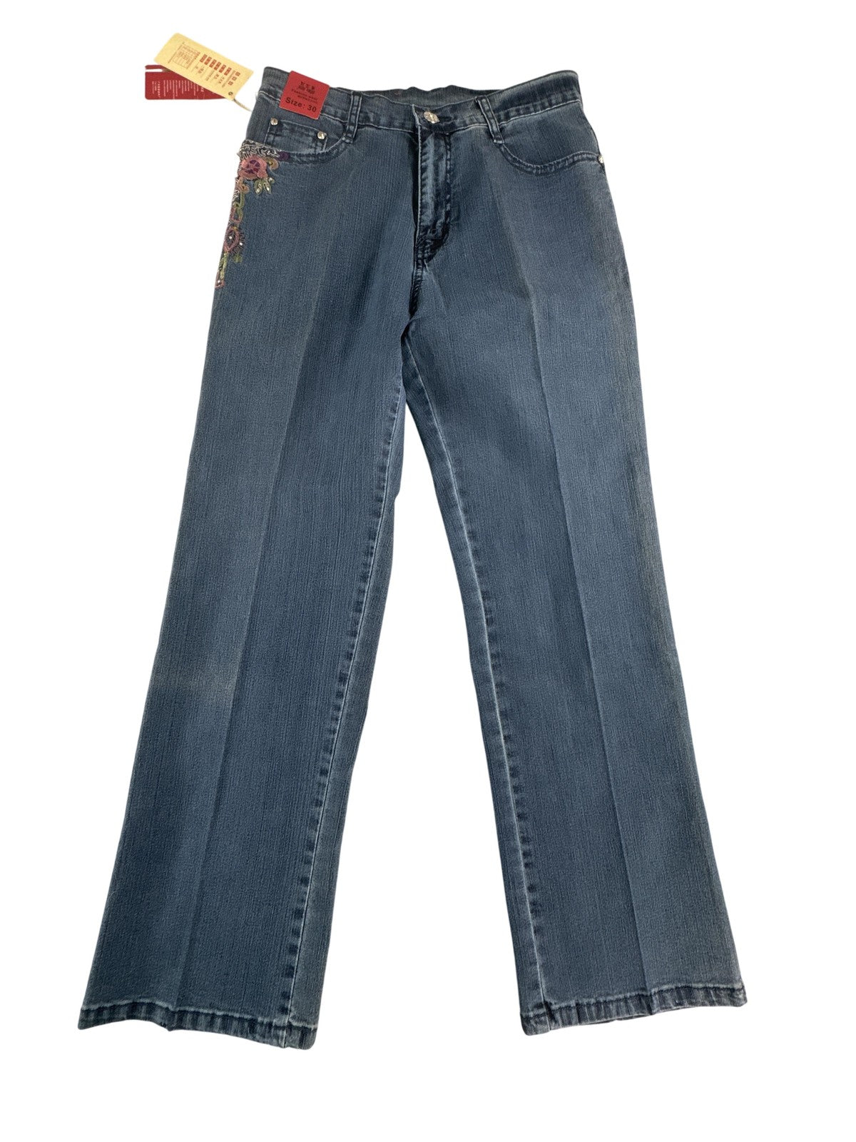 Ke Li Mei Jeans Womens Size 30 Blue Embroidered Floral Straight Leg Denim Pants