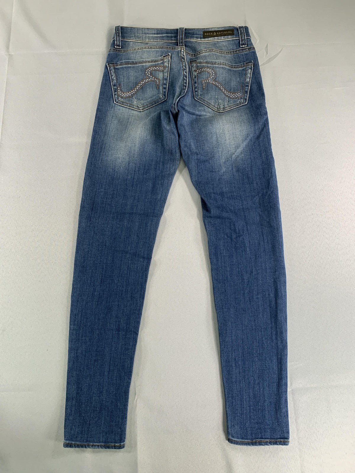 Rock & Republic Jeans Womens 0 Blue Skinny Distressed Stretch Denim Rhinestone