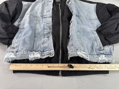 FOREVER 21 Bomber Jacket Womens S Black/Denim Cotton/Polyester Regular Fit Zip