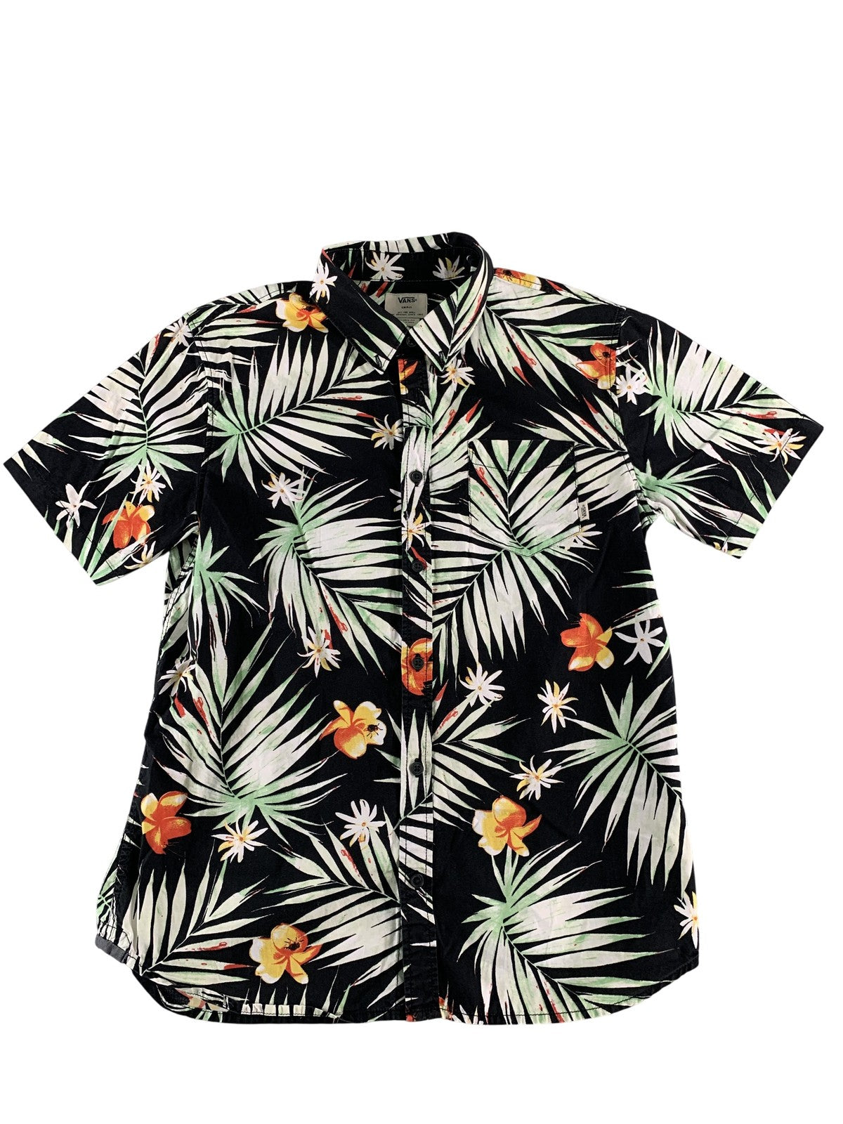 Vans Shirt Mens Small Black Floral Button Up Tailored Fit Hawaiian Tropical