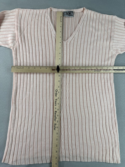 CINCIN Striped Neck Long Sleeve Knit Sweater Pink ONE Stretchy Collarless