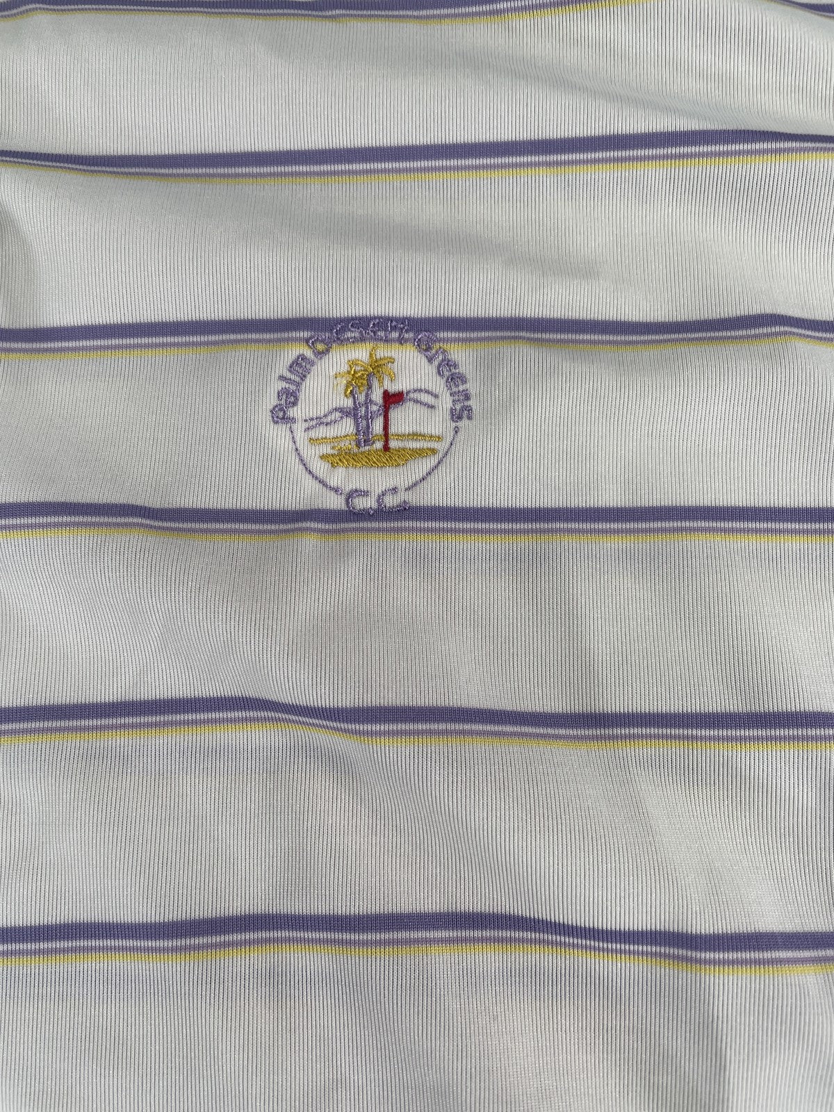 Monterey Club Polo Shirt Mens XL White Purple Striped Golf Palm Strikers CC Logo