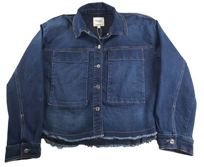Kensie Jeans Vintage Luxe Denim Jacket Shacket Womens Large NWT Frayed Hem Blue