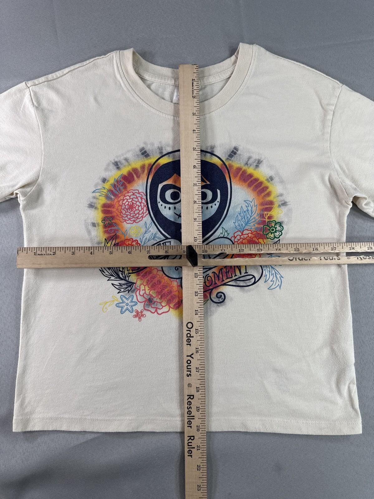 Disney Skull Dia de los Muertos Graphic Print Tee XS Beige Cotton Short Sleeve
