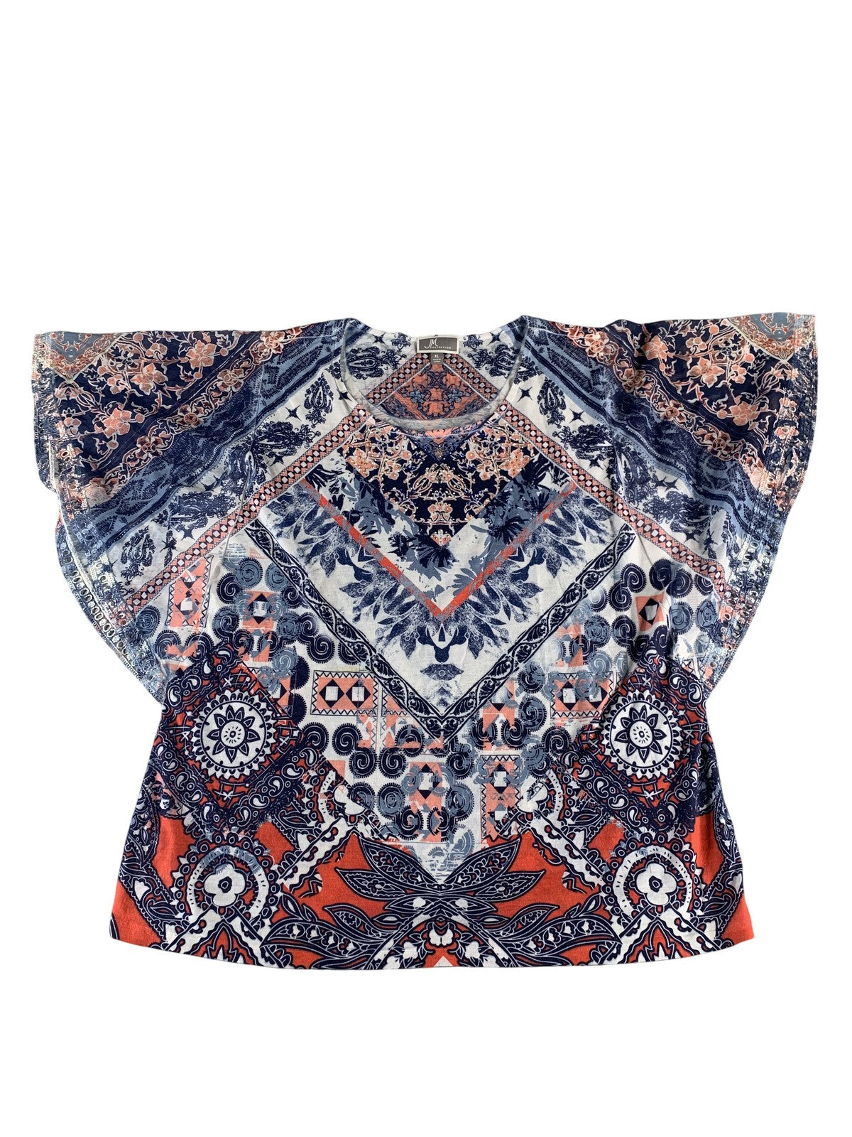 JM Collection Shirt Womens XL Blue Red Paisley Boho Top Short Sleeve Lightweight