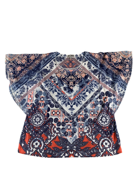 JM Collection Shirt Womens XL Blue Red Paisley Boho Top Short Sleeve Lightweight