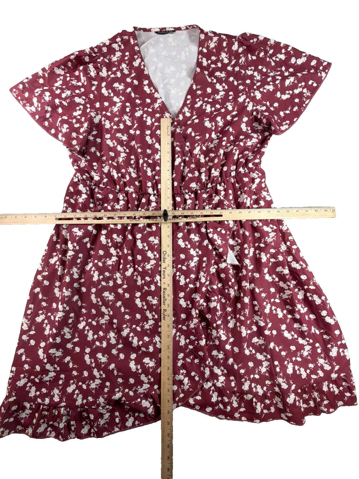 BloomChic Floral Wrap Mini Dress Burgundy Ditsy Flutter Sleeve Plus 22-24