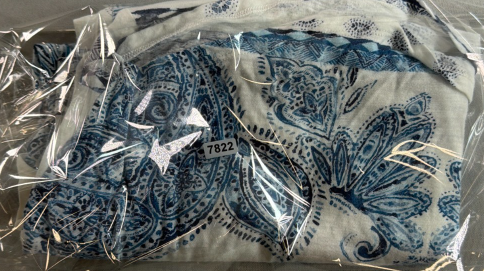 Lucky Brand Womens L White Blue Paisley Boho Short Sleeve Tee Shirt Top LA NWT