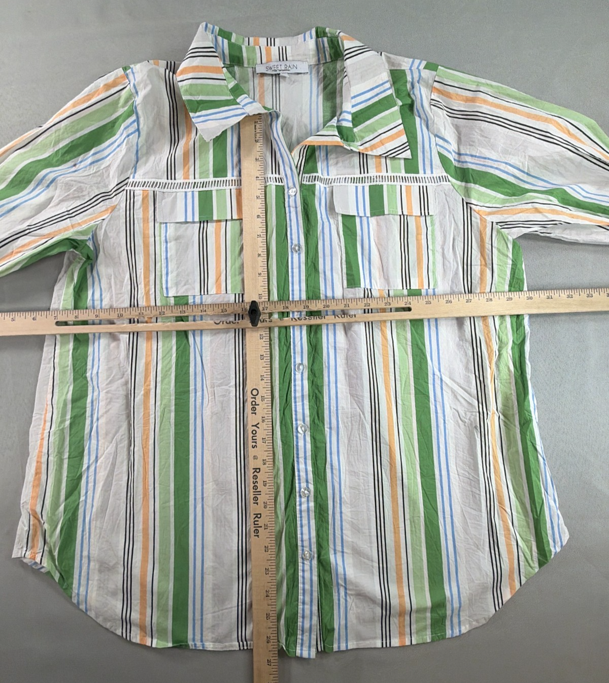 Sweet Rain Women 2XL Striped Button Down Shirt Green Orange Blue Cotton Pockets