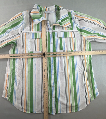 Sweet Rain Women 2XL Striped Button Down Shirt Green Orange Blue Cotton Pockets