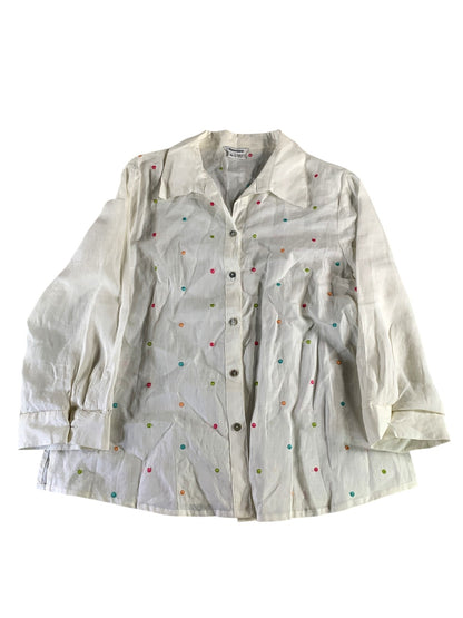 Appraisal Shirt Womens XL White Embroidered Polka Dot Button Up Blouse Ramie Top