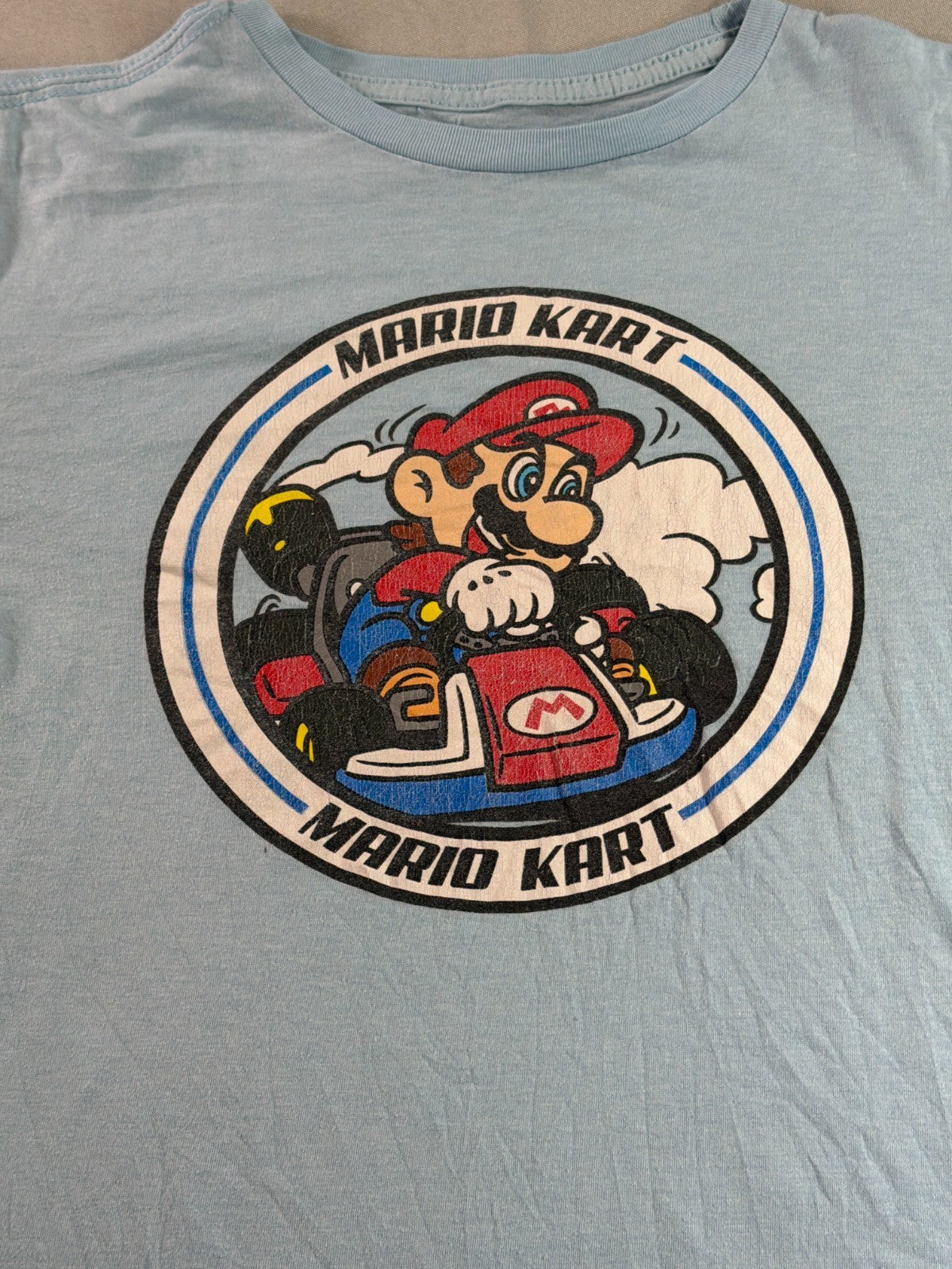 Mario Kart Nintendo Youth XL 14/16 Light Blue Graphic Circle Tee Mad Engine