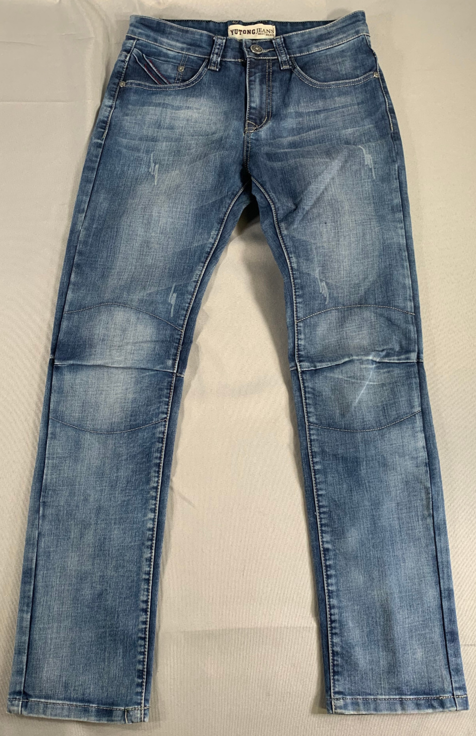 Yutong Jeans Mens 29x32 Slim Straight Fit Blue Moto Style Denim Distressed Wash