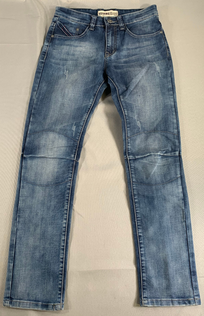 Yutong Jeans Mens 29x32 Slim Straight Fit Blue Moto Style Denim Distressed Wash