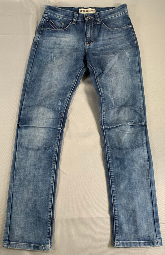 Yutong Jeans Mens 29x32 Slim Straight Fit Blue Moto Style Denim Distressed Wash