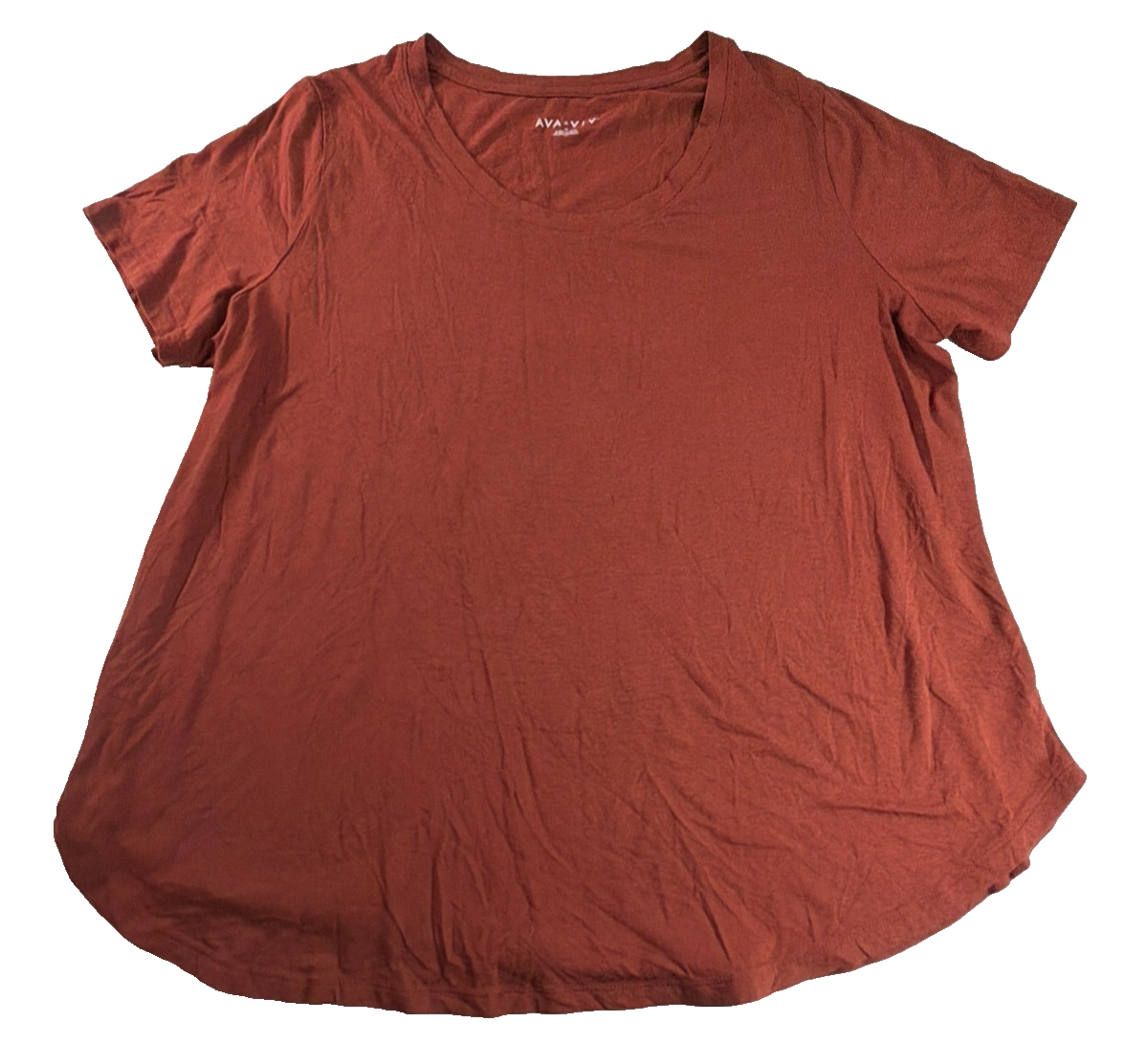 Ava Viv Womens 1X Rust Terracotta V-Neck Short Sleeve Curved Hem Tee Top Modal
