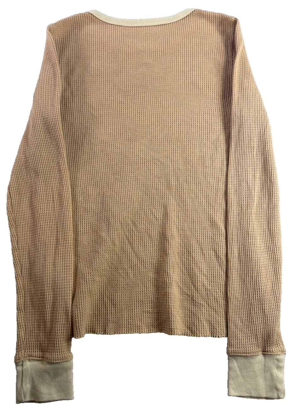 American Eagle Waffle Knit Thermal Shirt Women Small Tan Pine Tree Graphic AEO
