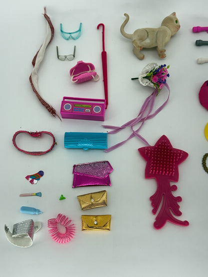 Barbie Doll Accessories Lot 60pc Hangers Purses Jewelry Cat Boombox Mirror 80s+