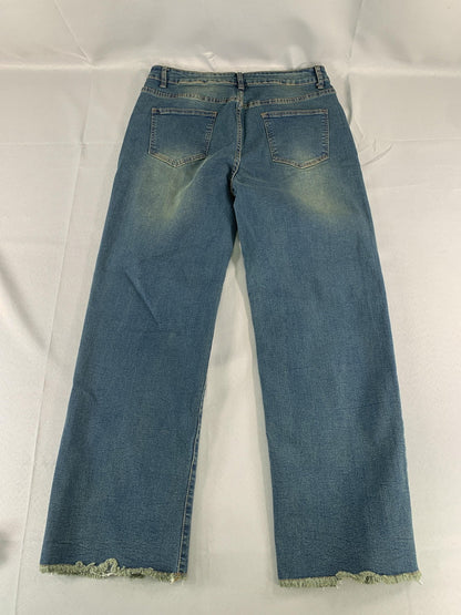 PEIHOT Women XL Straight Leg Jeans High Rise Stretch Frayed Hem Blue Denim NWT