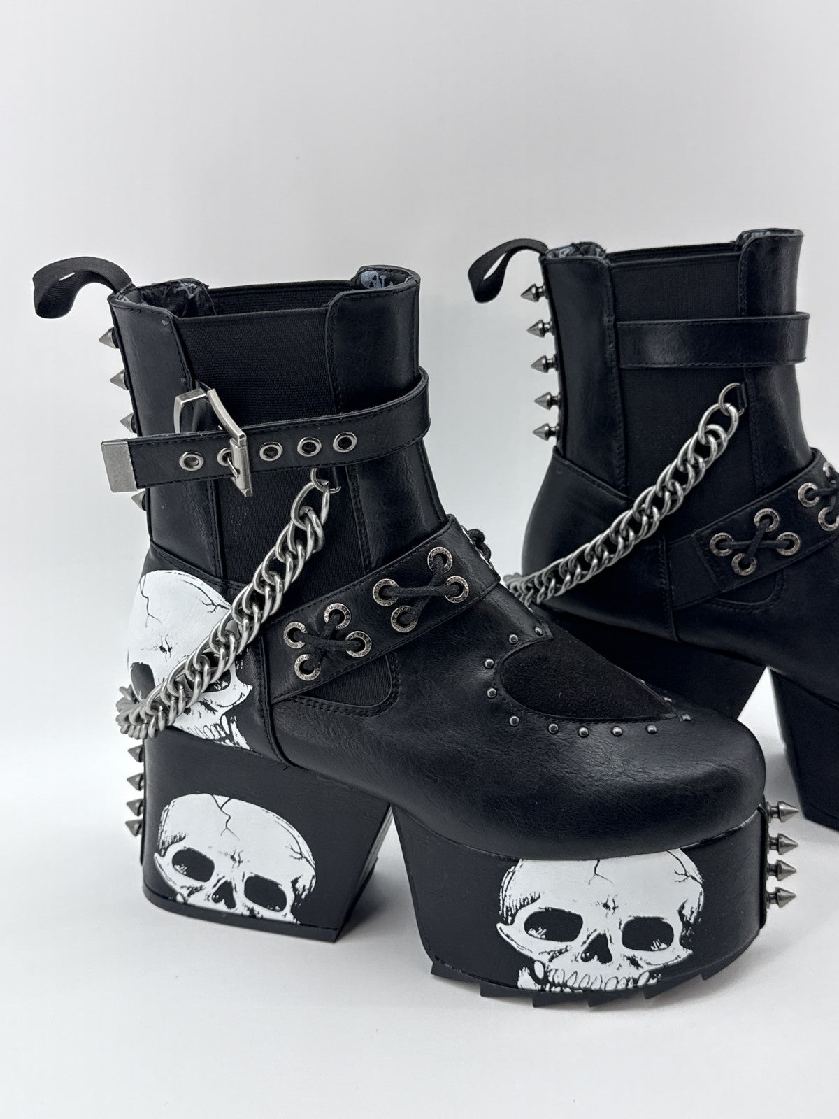 LAMODA Skull Punk Gothic Platform Boots Womens 8 Black Faux Leather Chains Goth