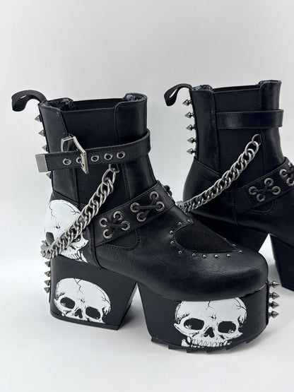 LAMODA Skull Punk Gothic Platform Boots Womens 8 Black Faux Leather Chains Goth
