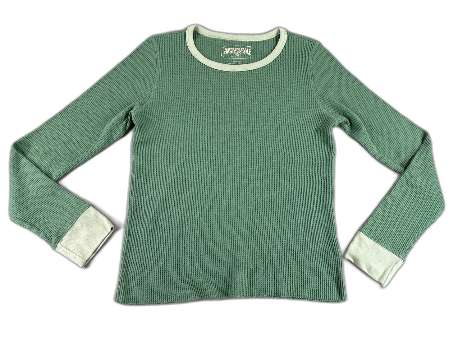 American Eagle Womens Waffle Knit Thermal Long Sleeve Crewneck M Shirt Green