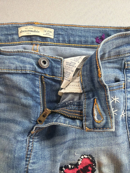 Abercrombie Kids Slim Jeans Girls 14 Distressed Patch Raw Hem Stretch Denim