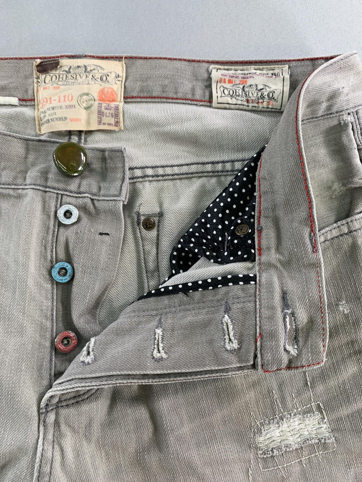 Cohesive & Co Jeans Mens 34x31 Gray Distressed Straight Leg Button Fly Raw Edge