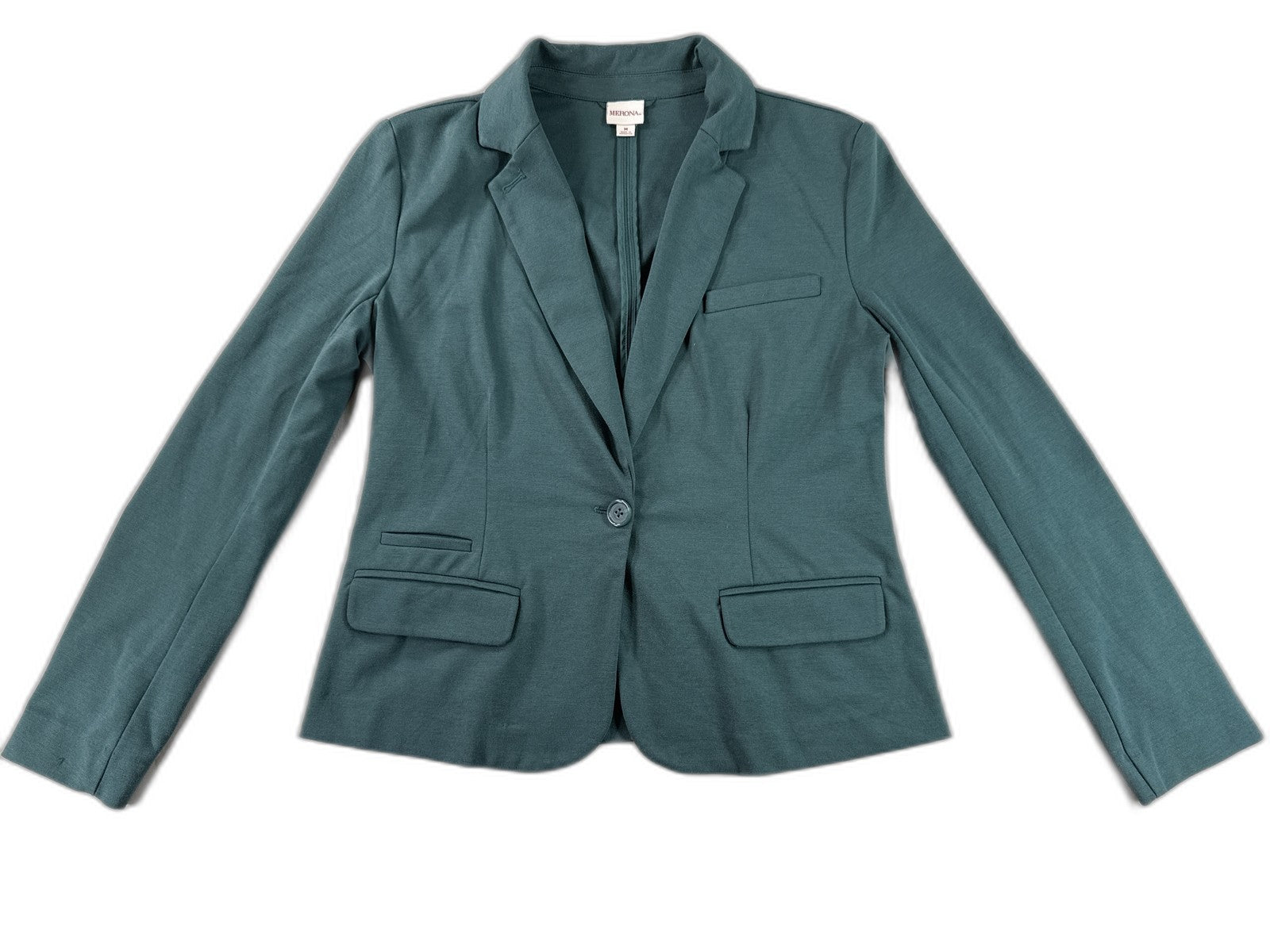 Merona Tailored Blazer M Teal Polyester Fit Notch Lapel Long Sleeve Single Solid