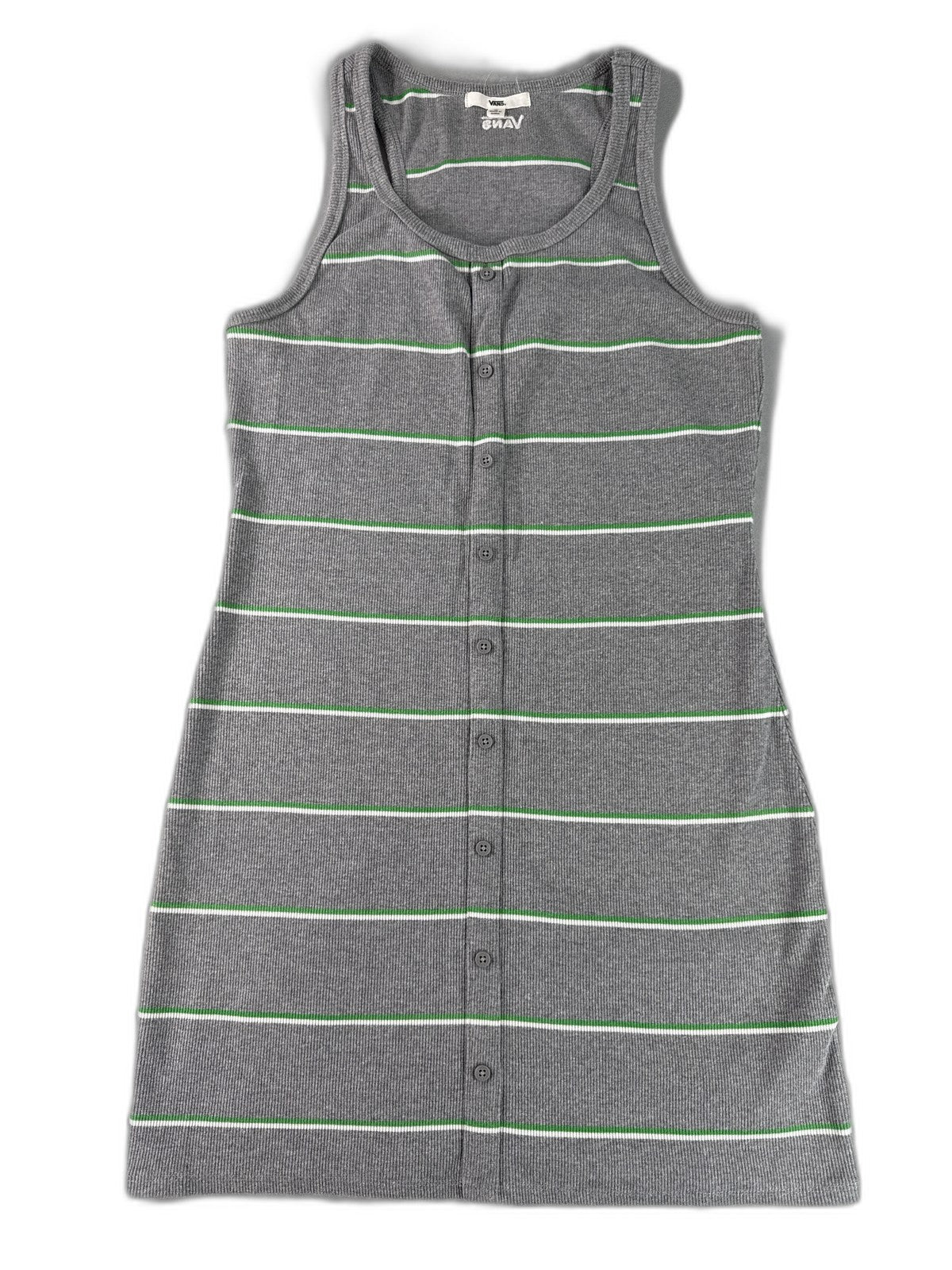 Vans Striped Scoop Neck Sleeveless Dress Womens M Grey Cotton Blend Button Black