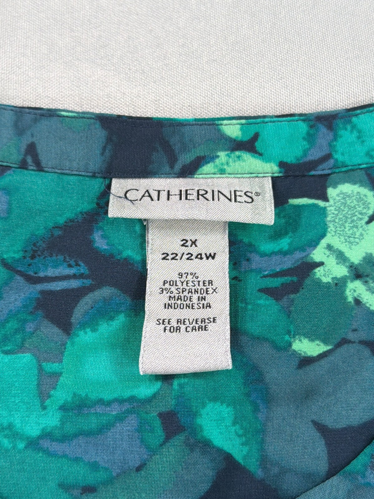 Catherines Women 2X 22/24W Navy Teal Green Floral Blouse Long Sleeve Pullover