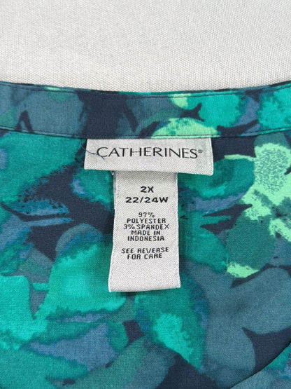 Catherines Women 2X 22/24W Navy Teal Green Floral Blouse Long Sleeve Pullover