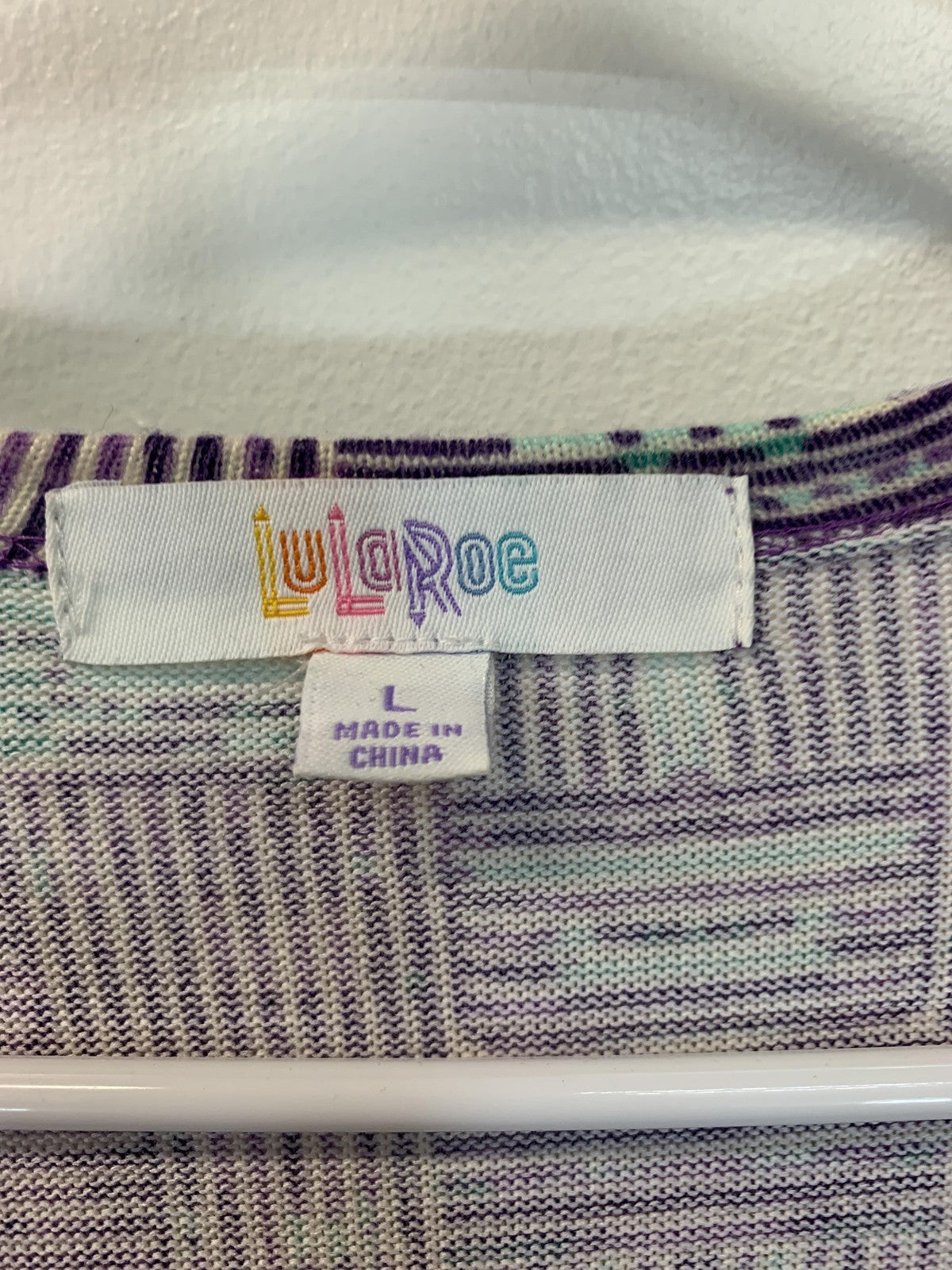 LuLaRoe Sweater Cardigan Womens Large Purple Green Sarah Geometric Pockets Knit