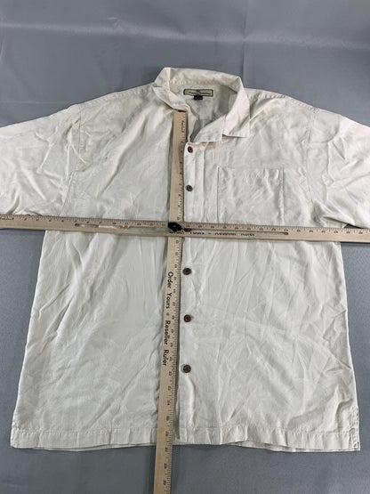 Tommy Bahama Shirt Mens XL Beige Silk Relax Button Up Palm Tree Camp Casual 100