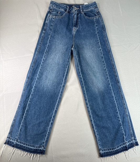 Wide Leg Jeans Womens S Semir High Rise Frayed Raw Hem Medium Wash Blue Baggy