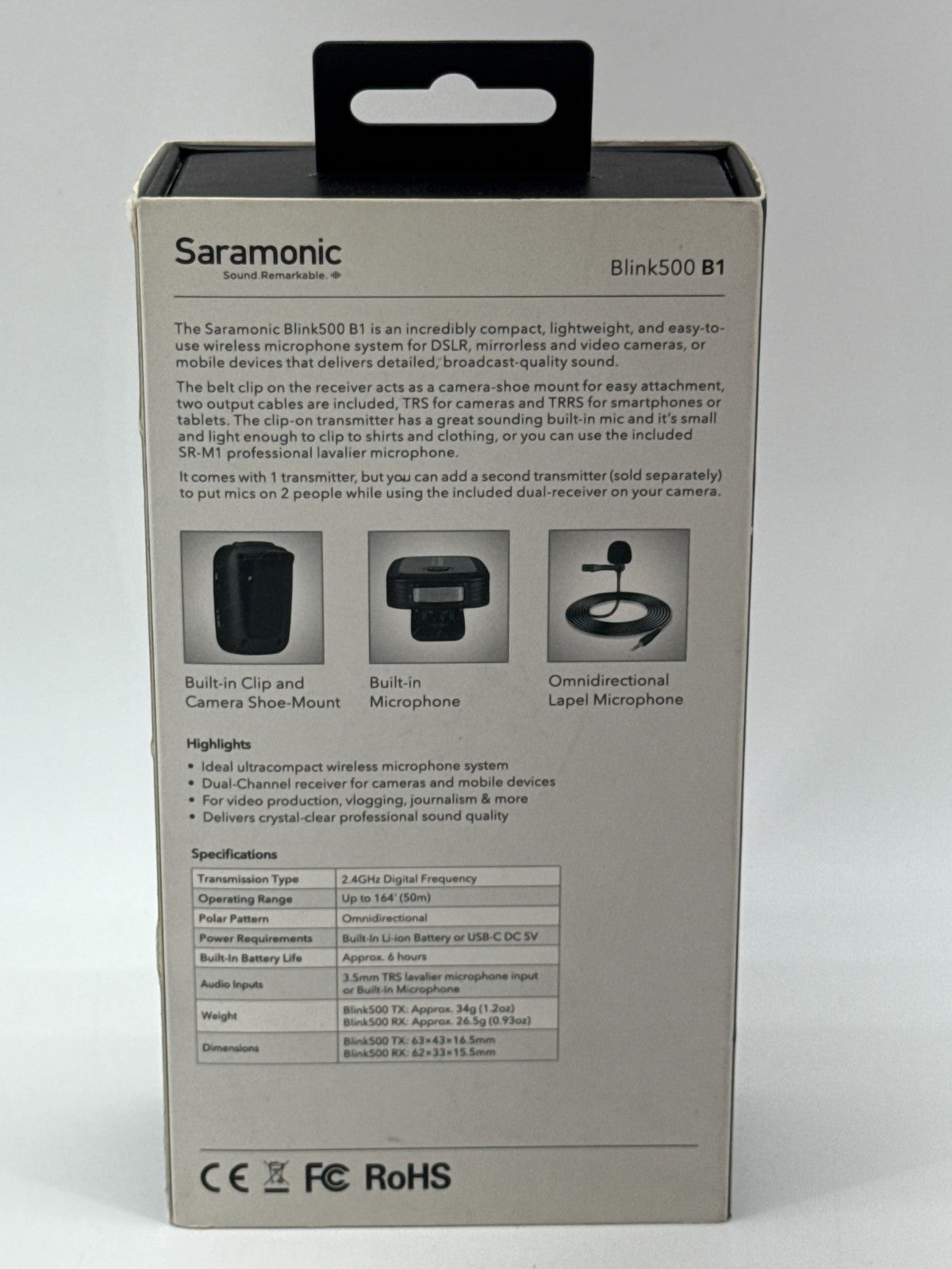 Saramonic Blink500 B1 Wireless Lavalier Mic System 2.4GHz TX RX Camera Audio 944