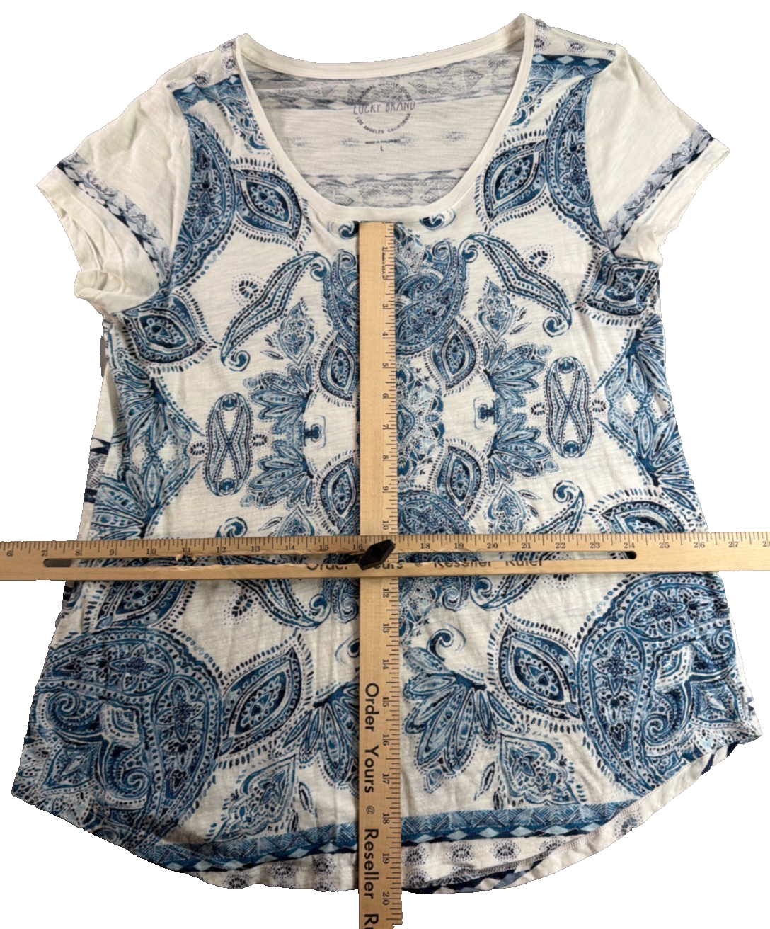 Lucky Brand Womens L White Blue Paisley Boho Short Sleeve Tee Shirt Top LA NWT