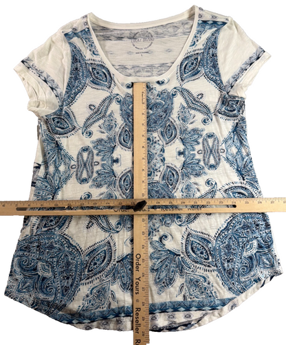 Lucky Brand Womens L White Blue Paisley Boho Short Sleeve Tee Shirt Top LA NWT