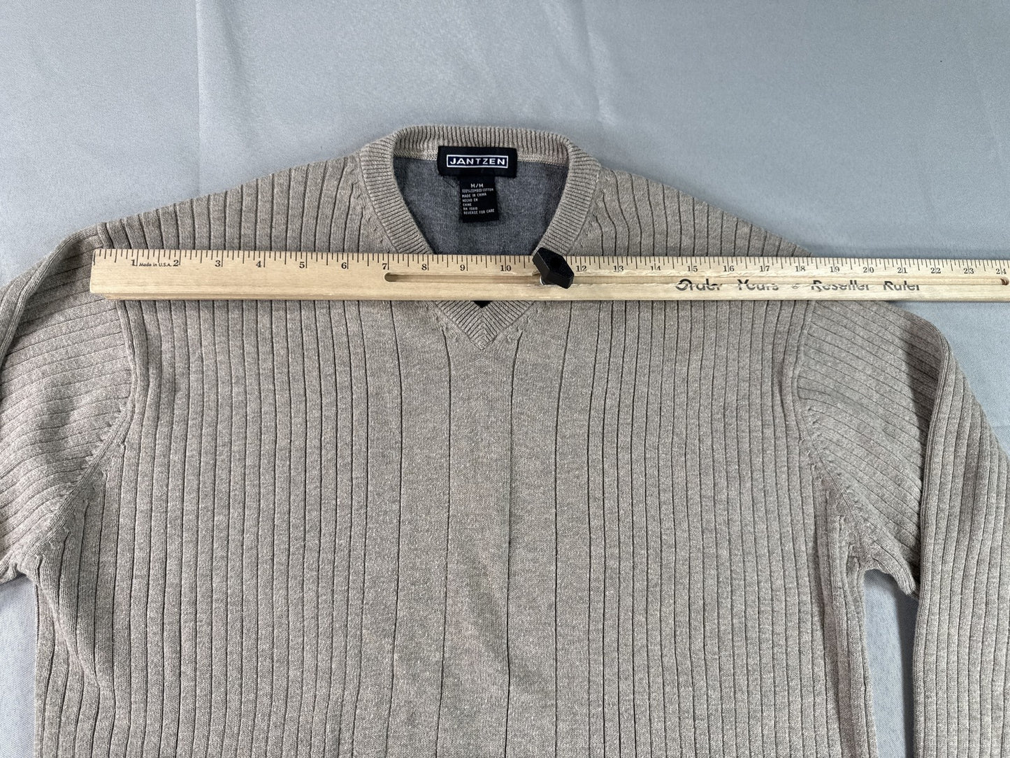 JANTZEN Ribbed V Sweater M M/M Beige 100% COMBED COTTON Regular Fit Long