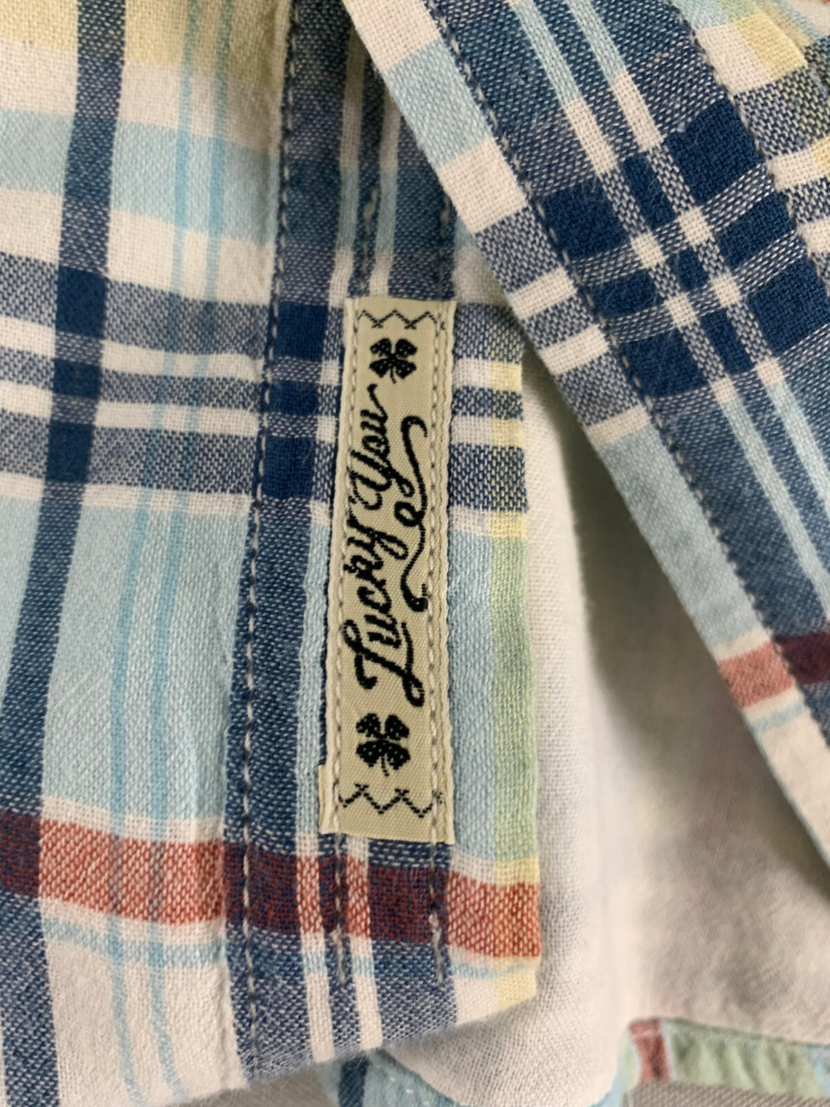 Lucky Brand XXL Western Snap Shirt Blue Green Red Plaid Long Sleeve Cowboy Men