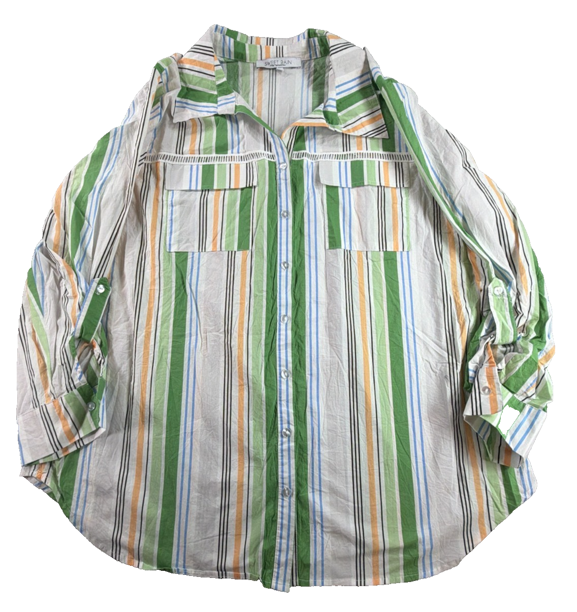 Sweet Rain Women 2XL Striped Button Down Shirt Green Orange Blue Cotton Pockets