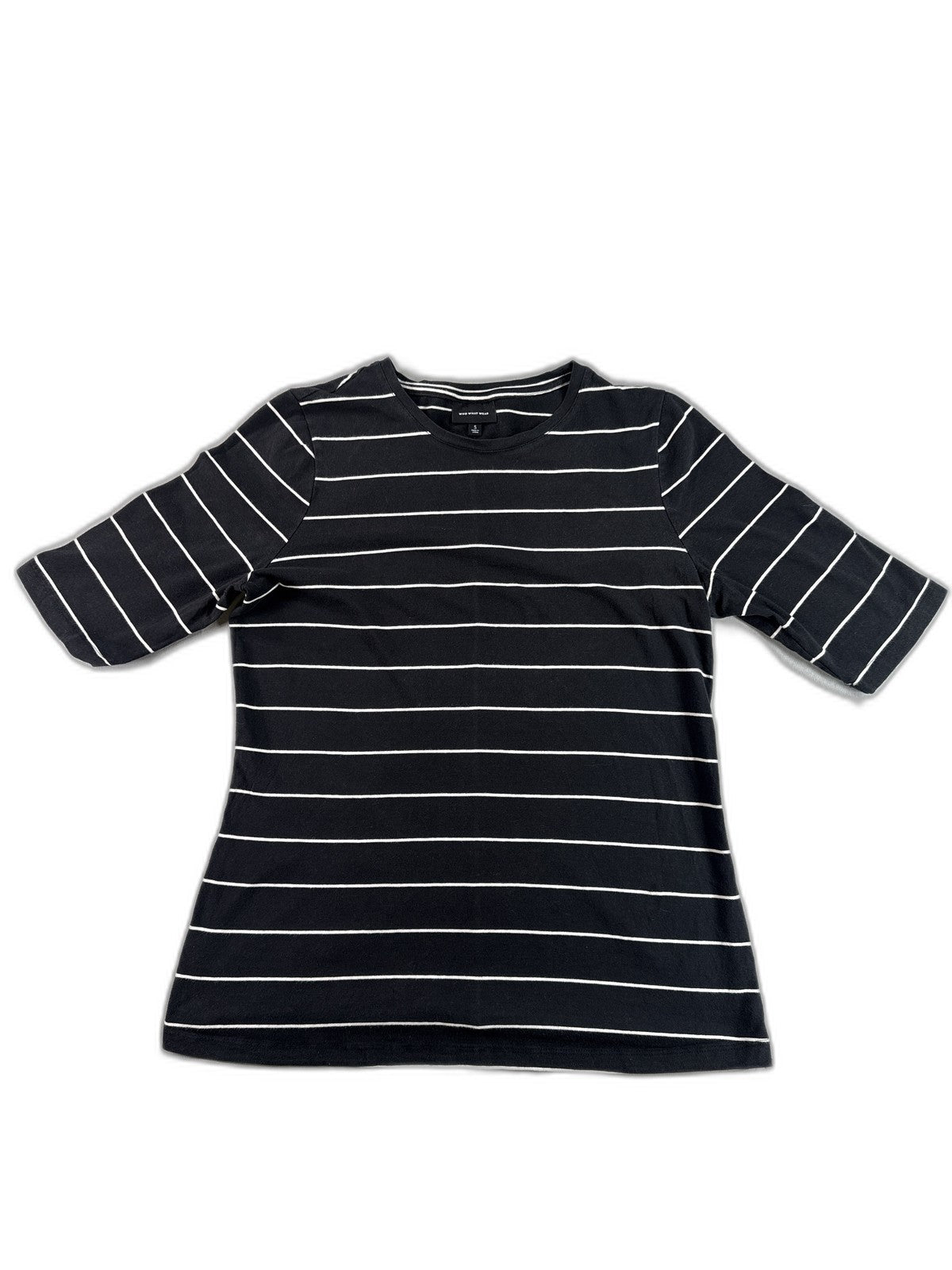WHO WHAT WEAR Striped Tee Womens S Black Cotton Crewneck Short Sleeve Slim Fit