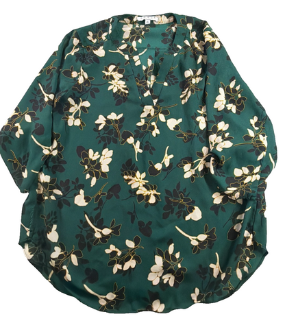 Chaus New York Floral Blouse Women Small Green Ivory 3/4 Sleeve V Neck Pullover