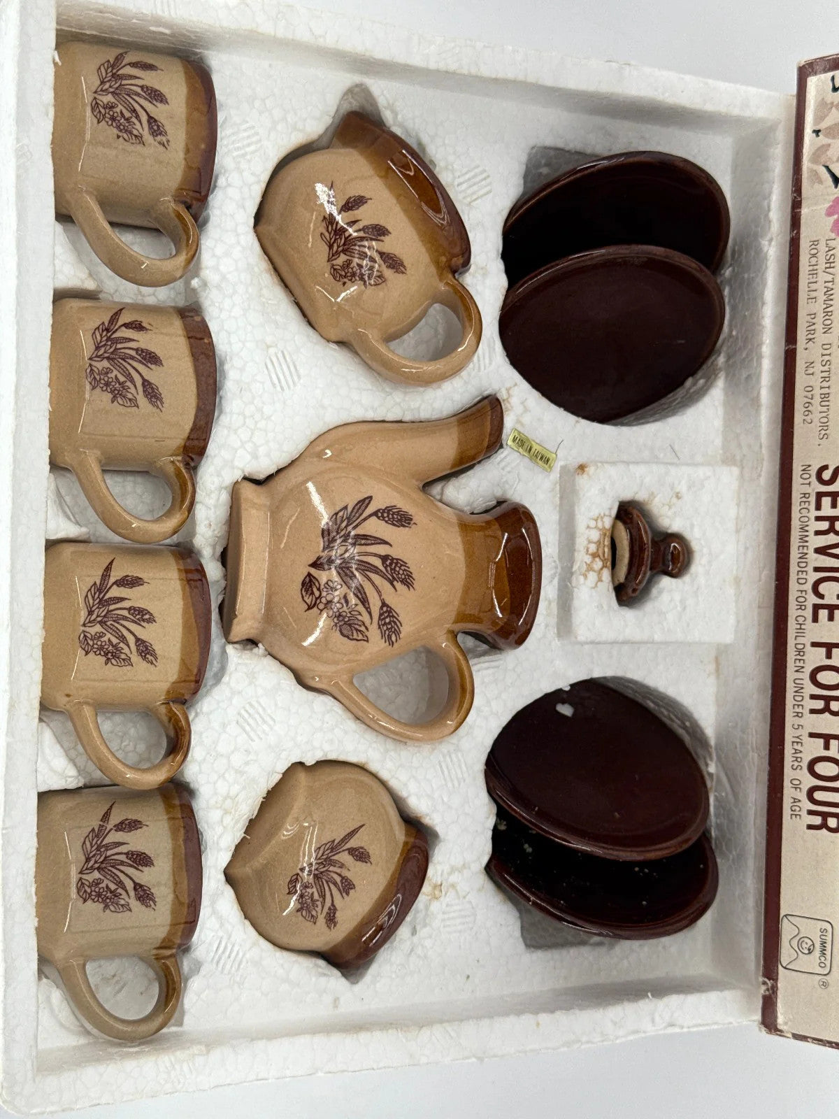 Vintage Stoneware Toy Tea Set 12pc SUMMCO Brown Floral Miniature in Box 5927