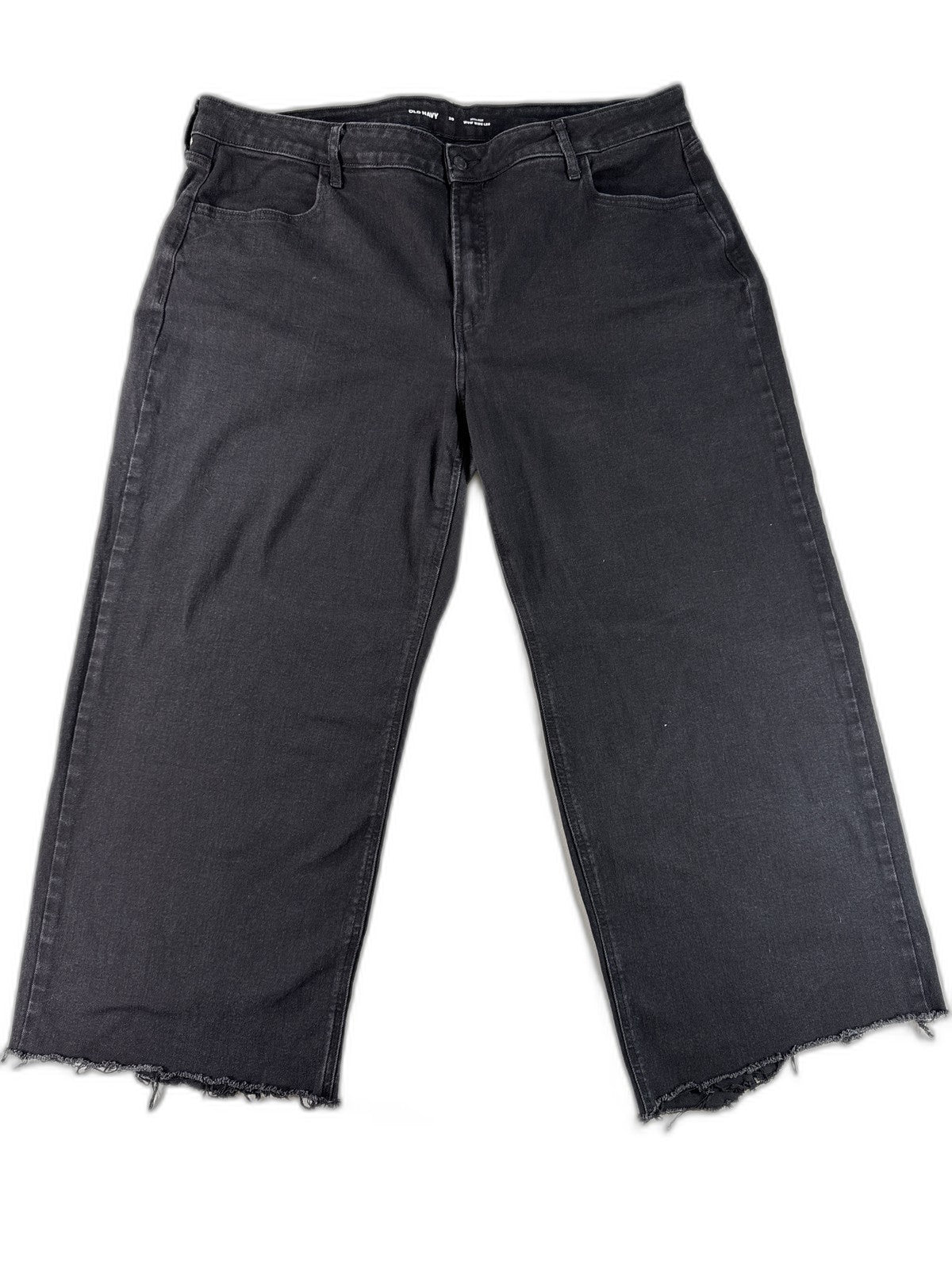 Old Navy High Rise Wide Leg Jeans Womens 20 Black Denim Cropped Stretch Frayed