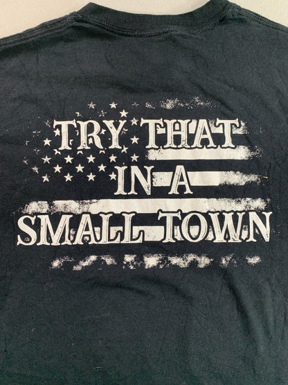 Try That In A Small Town USA Flag Gildan Heavy Cotton Black Graphic Tee Mens M